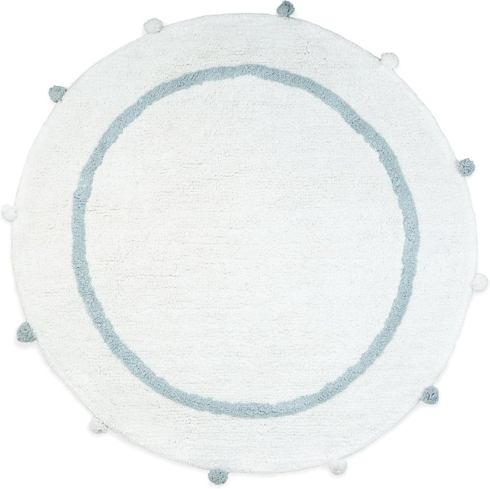 32" Baby Blue And White Cotton Round Geometric Bath Rug HomeRoots