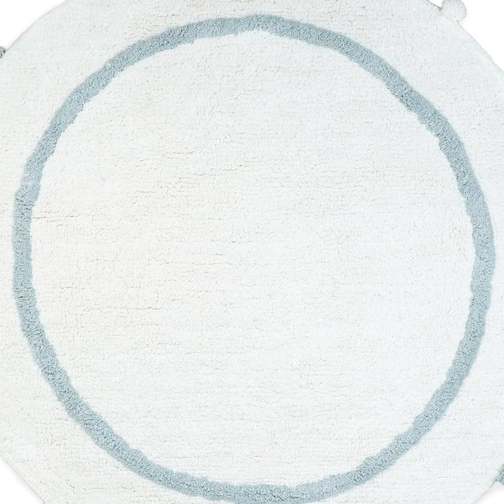 32" Baby Blue And White Cotton Round Geometric Bath Rug HomeRoots
