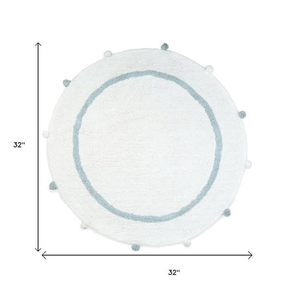32" Baby Blue And White Cotton Round Geometric Bath Rug HomeRoots
