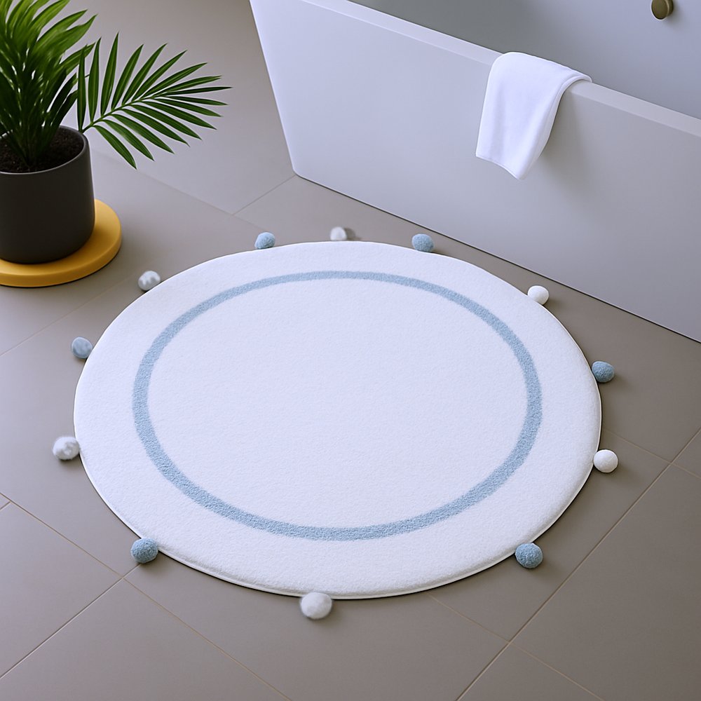32" Baby Blue And White Cotton Round Geometric Bath Rug HomeRoots