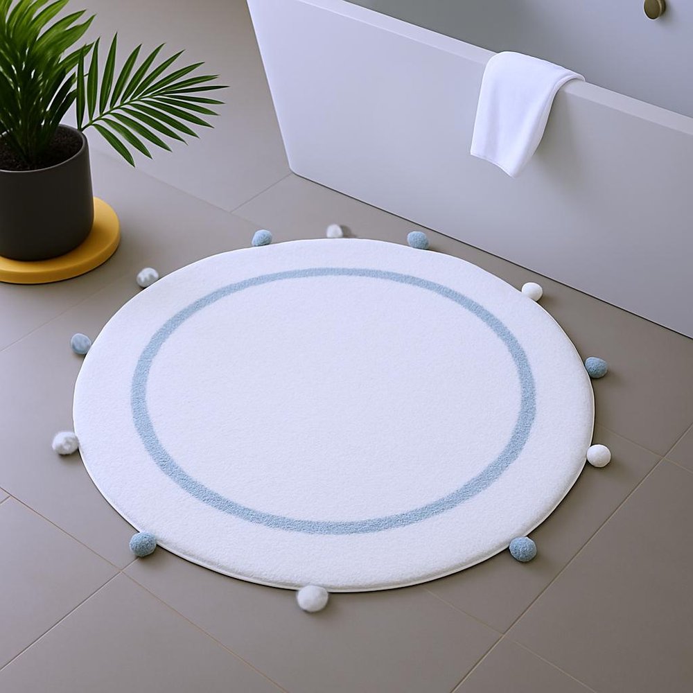 32" Baby Blue And White Cotton Round Geometric Bath Rug HomeRoots