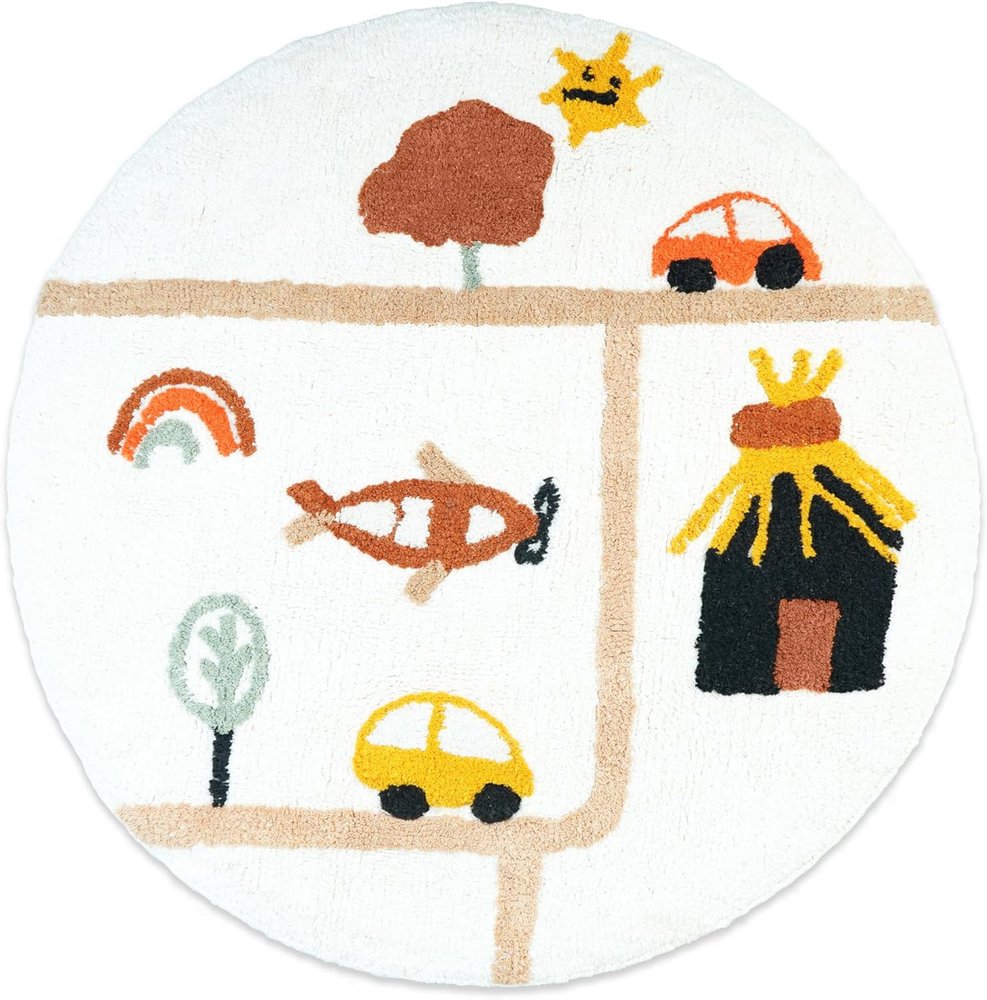 32" White Yellow And Red Cotton Cars Round Youthful Bath Rug HomeRoots