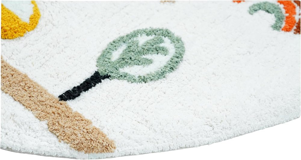 32" White Yellow And Red Cotton Cars Round Youthful Bath Rug HomeRoots