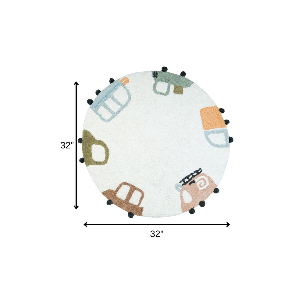 32" Blue Green And White Cotton Cars Round Youthful Bath Rug HomeRoots
