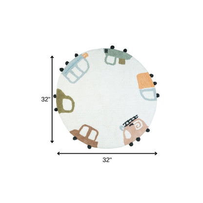 32" Blue Green And White Cotton Cars Round Youthful Bath Rug HomeRoots