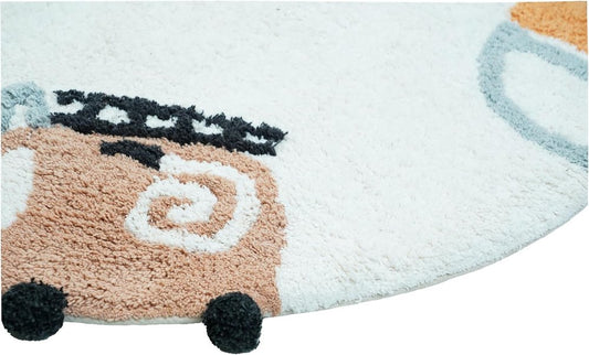 32" Blue Green And White Cotton Cars Round Youthful Bath Rug