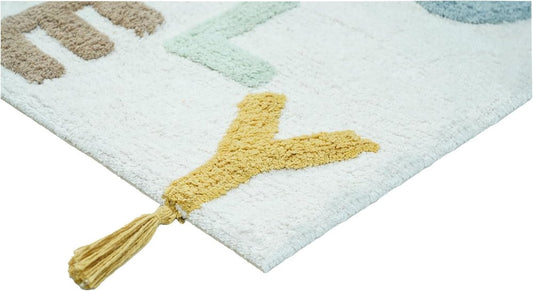 32" Blue White And Yellow Cotton Hello Lovely Youthful Bath Rug