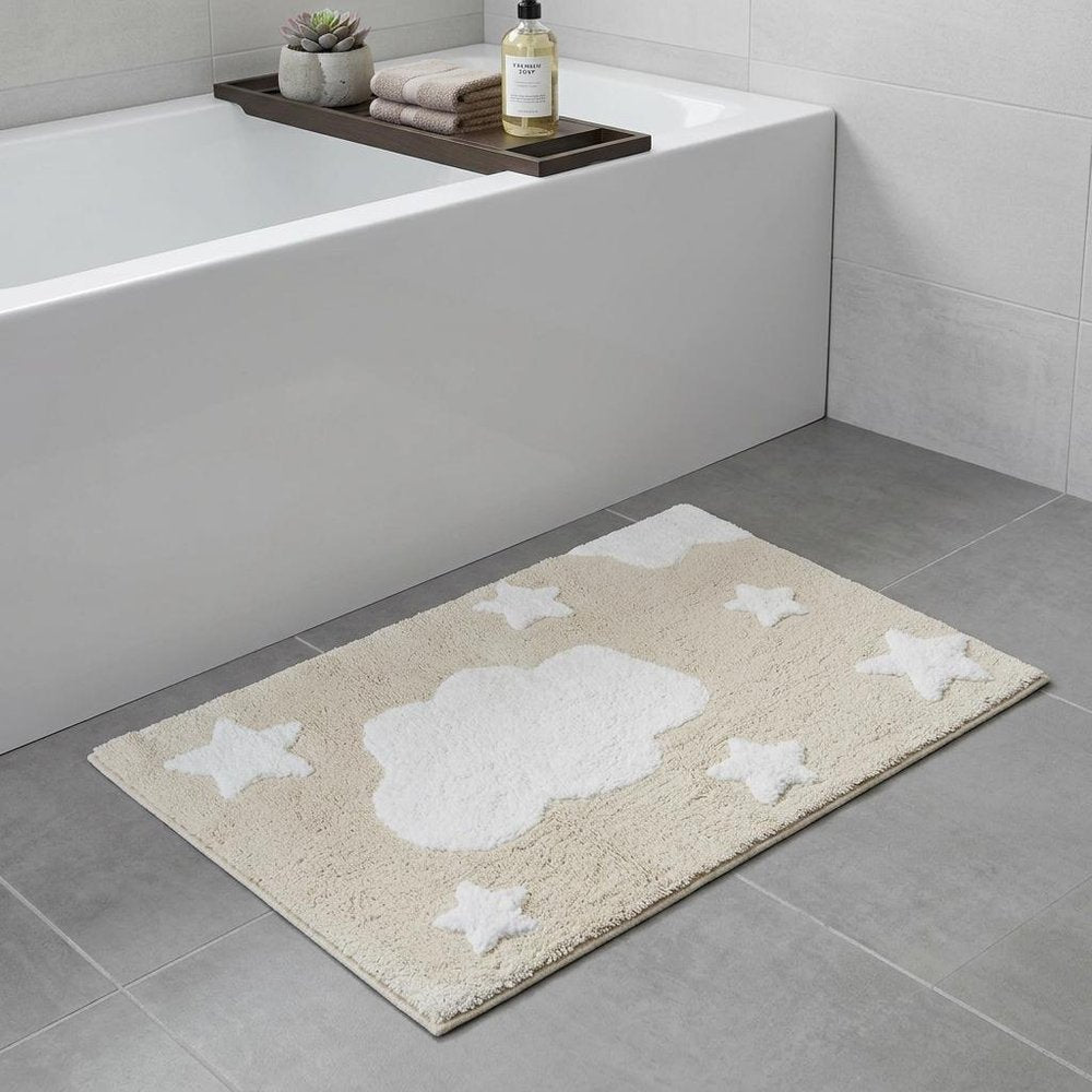 32" White And Beige Cotton Clouds and Stars Youthful Bath Rug HomeRoots