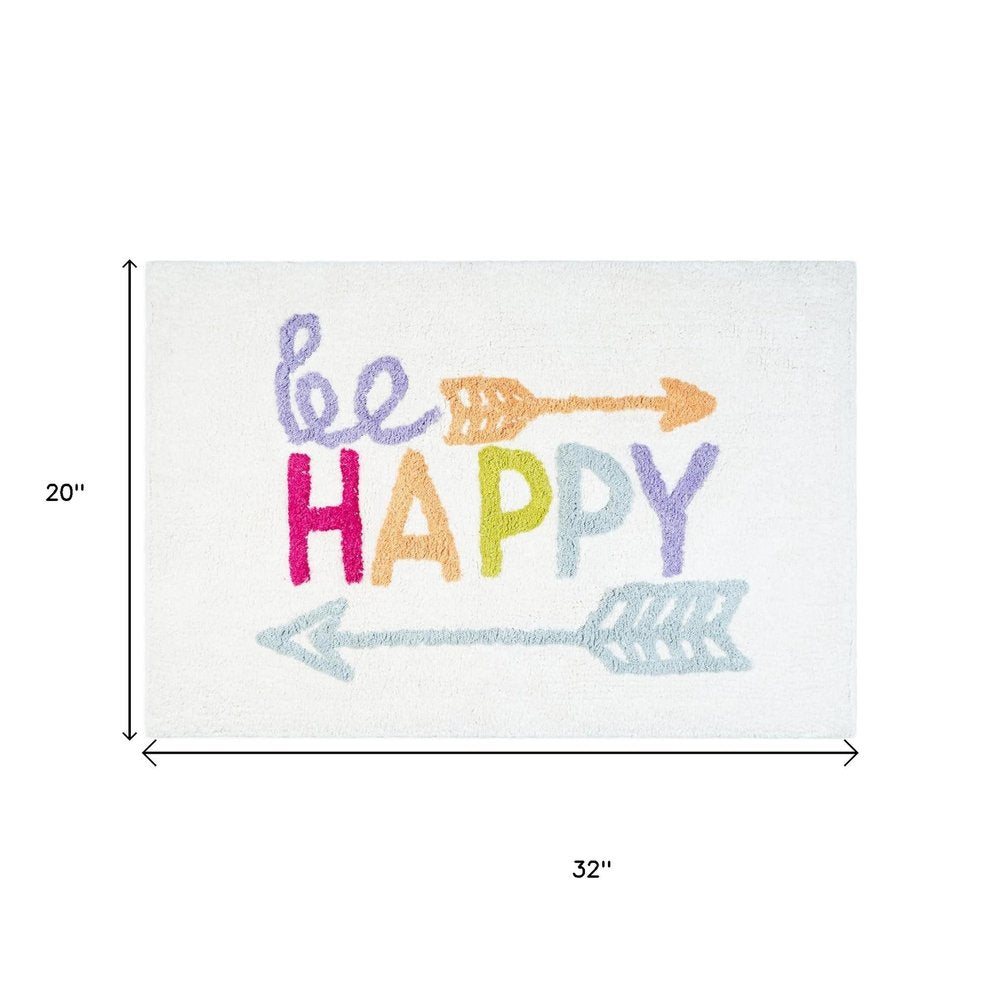 32" White Purple And Green Cotton Be Happy Youthful Bath Rug HomeRoots