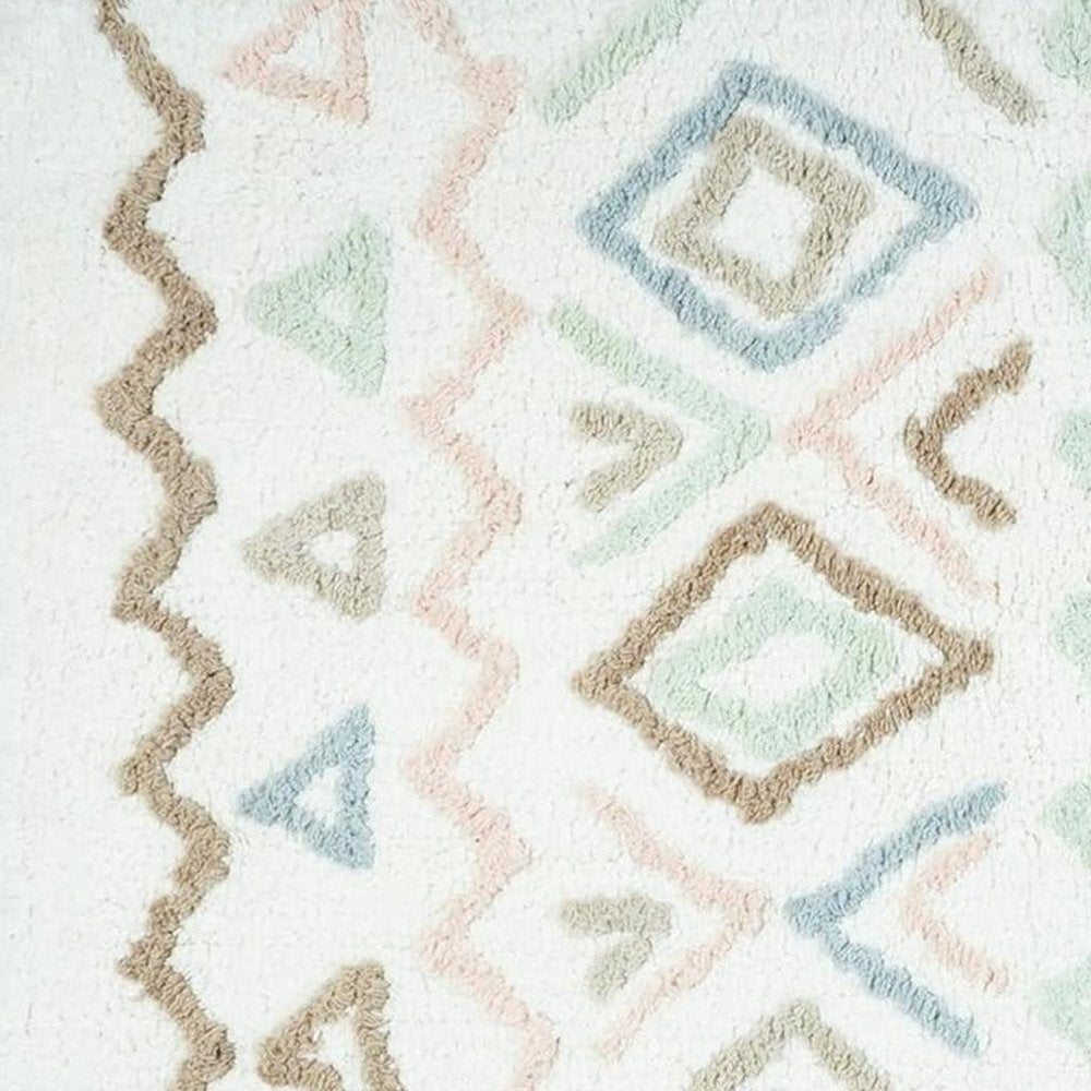 32" Blue Brown And White Cotton Geometric Bath Rug HomeRoots