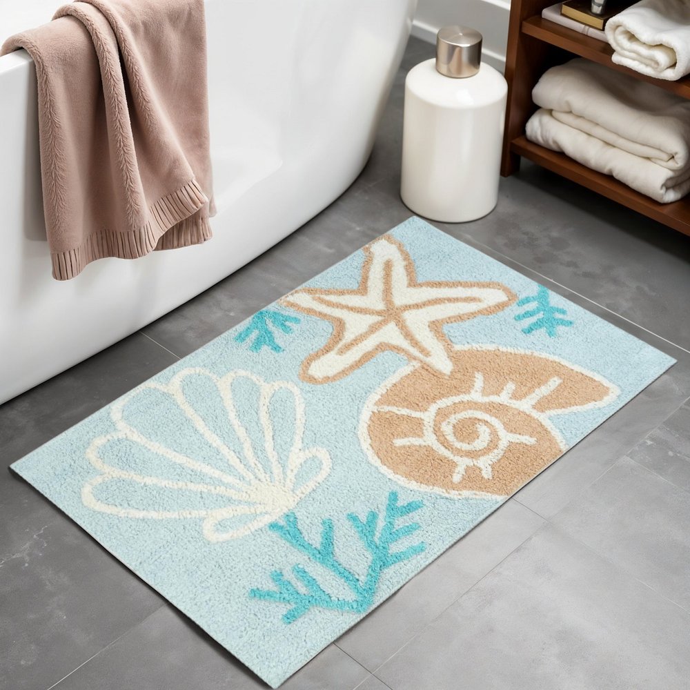 32" Blue Tan And White Cotton Seashells And Coral Bath Rug HomeRoots