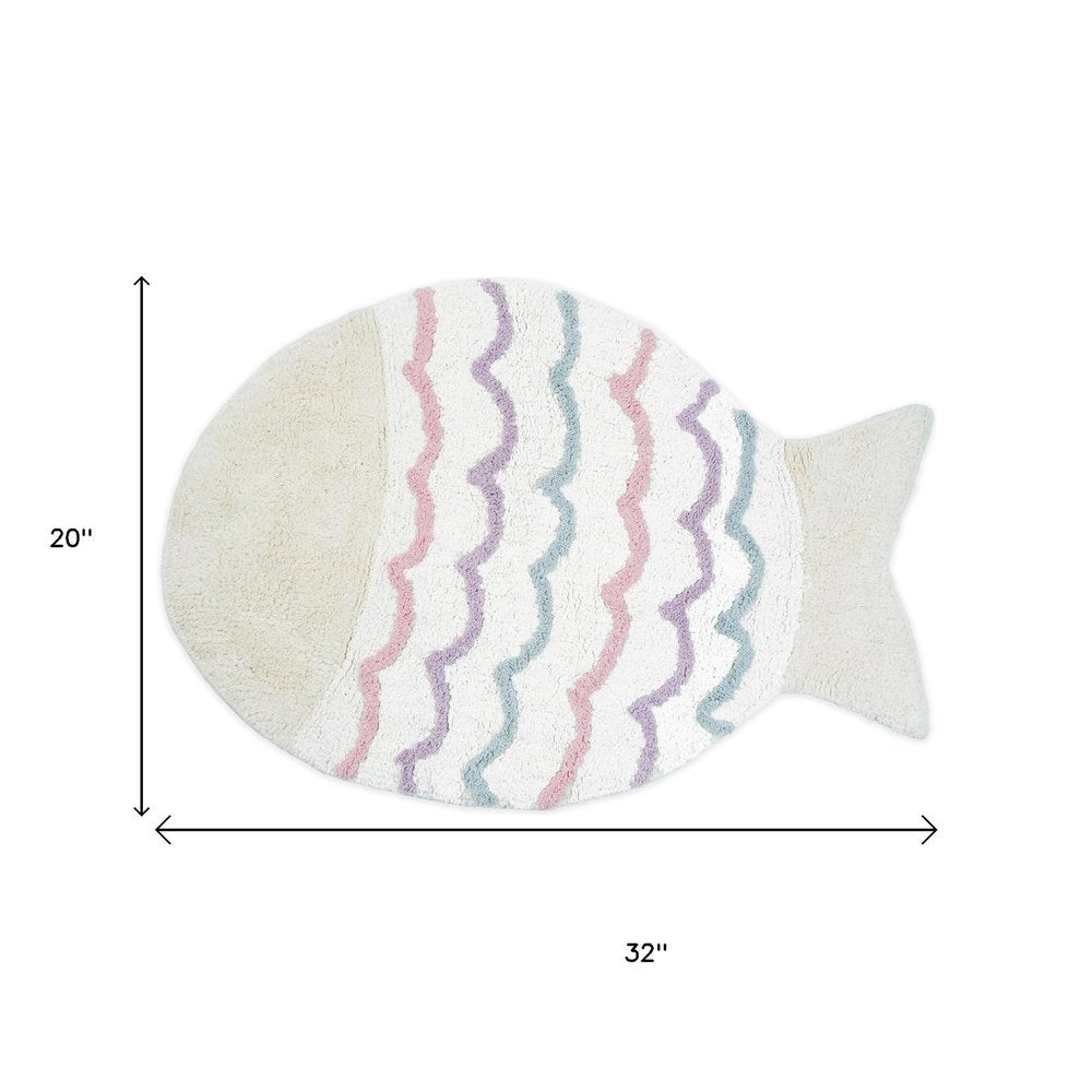 32" White Pink And Purple Cotton Fish Shaped Youthful Bath Rug HomeRoots