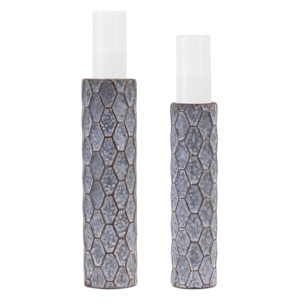 Set of Two Gray And White Distressed Geometric Metal Tabletop Pillar Candle Holders HomeRoots