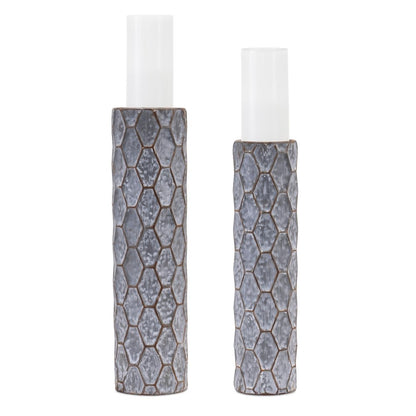 Set of Two Gray And White Distressed Geometric Metal Tabletop Pillar Candle Holders HomeRoots