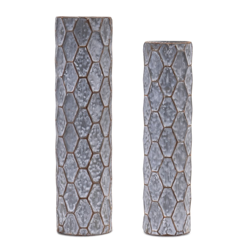 Set of Two Gray And White Distressed Geometric Metal Tabletop Pillar Candle Holders HomeRoots