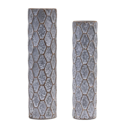 Set of Two Gray And White Distressed Geometric Metal Tabletop Pillar Candle Holders HomeRoots