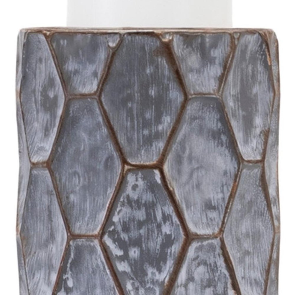 Set of Two Gray And White Distressed Geometric Metal Tabletop Pillar Candle Holders HomeRoots