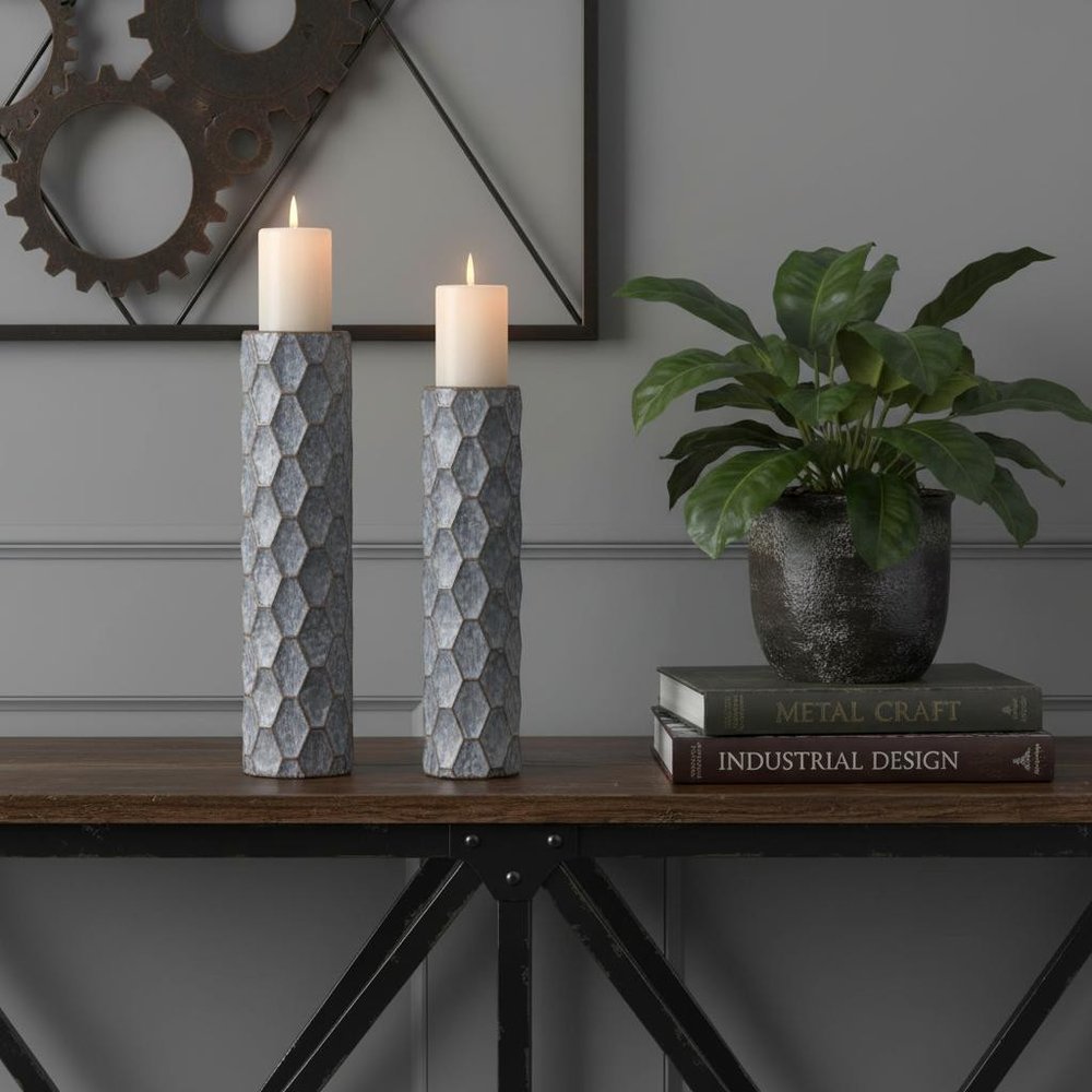 Set of Two Gray And White Distressed Geometric Metal Tabletop Pillar Candle Holders HomeRoots