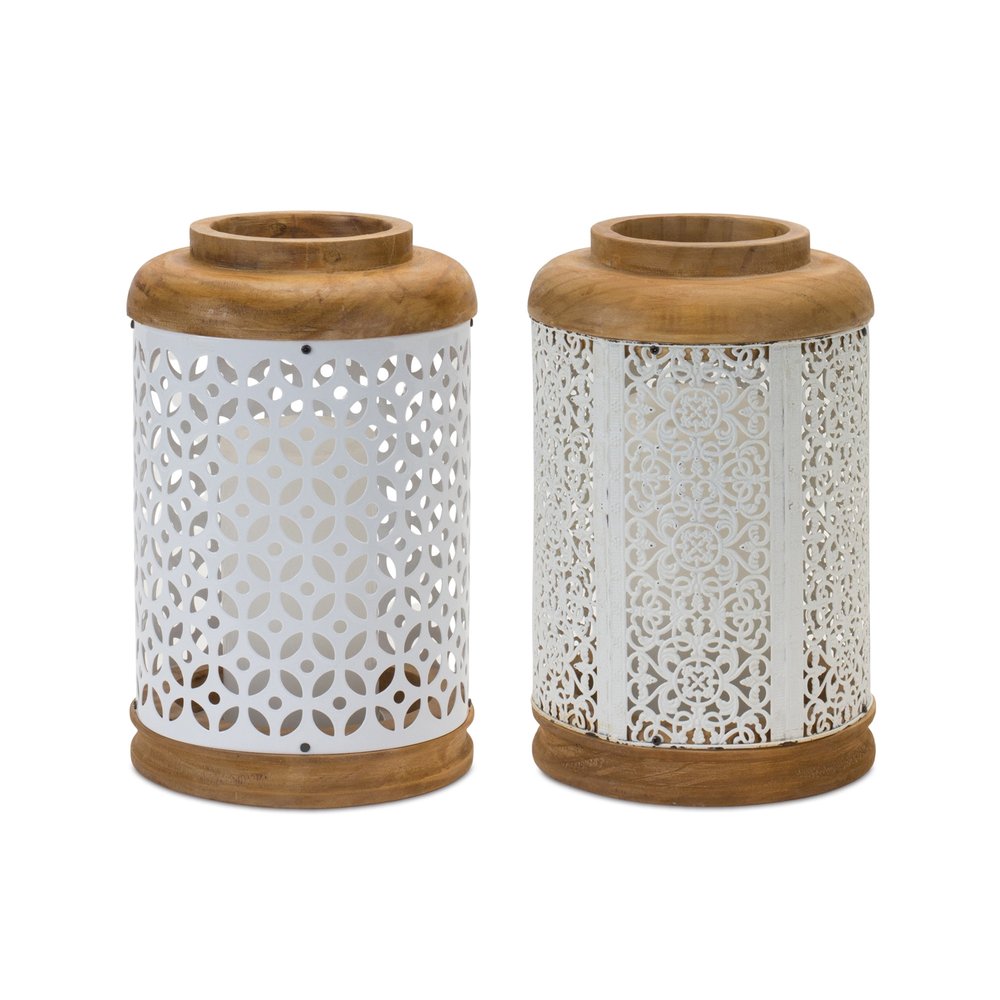 Set of Two White And Brown Geometric Metal Tabletop Lantern Candle Holders HomeRoots