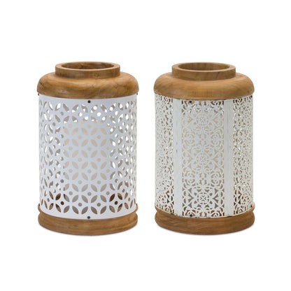 Set of Two White And Brown Geometric Metal Tabletop Lantern Candle Holders HomeRoots