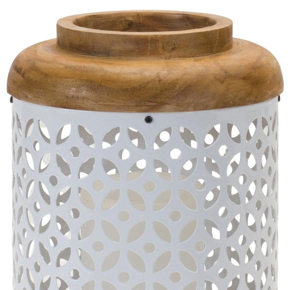 Set of Two White And Brown Geometric Metal Tabletop Lantern Candle Holders HomeRoots