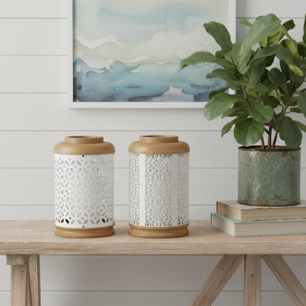 Set of Two White And Brown Geometric Metal Tabletop Lantern Candle Holders HomeRoots