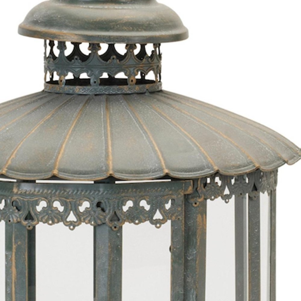 20" Gray Distressed Geometric Metal And Glass Centerpiece Lantern Candle Holder HomeRoots