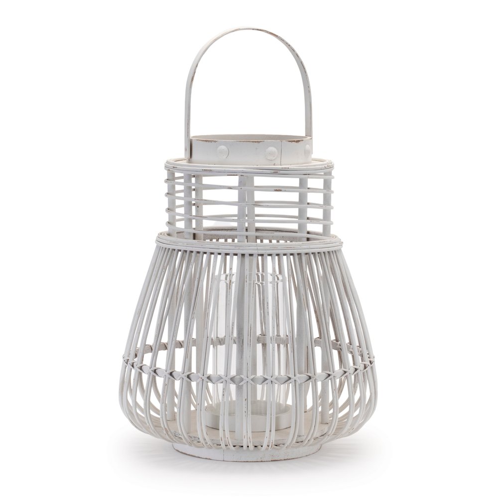 15" White Distressed Woven Manufactured Wood Centerpiece Lantern Candle Holder HomeRoots