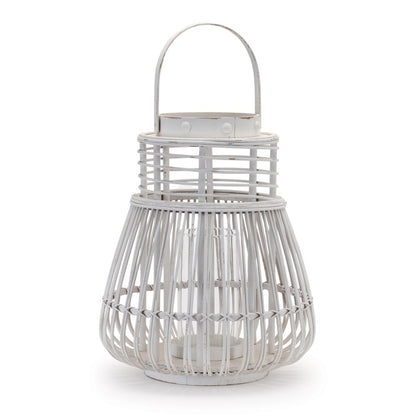 15" White Distressed Woven Manufactured Wood Centerpiece Lantern Candle Holder HomeRoots