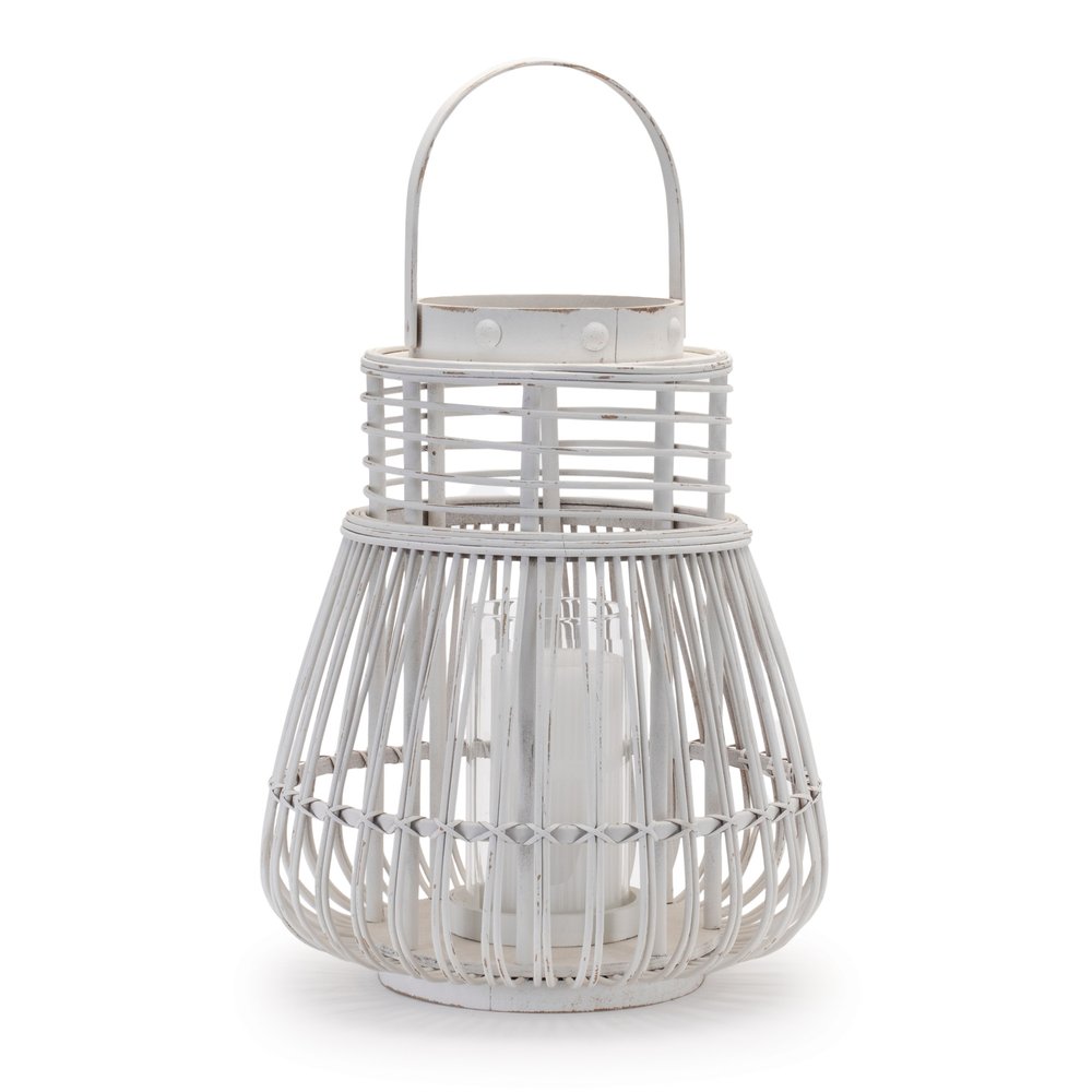 15" White Distressed Woven Manufactured Wood Centerpiece Lantern Candle Holder HomeRoots