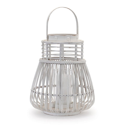 15" White Distressed Woven Manufactured Wood Centerpiece Lantern Candle Holder HomeRoots