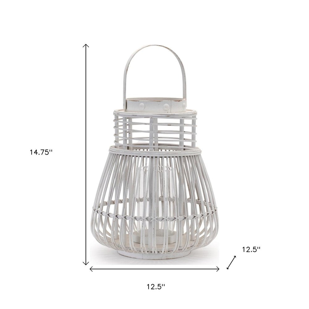 15" White Distressed Woven Manufactured Wood Centerpiece Lantern Candle Holder HomeRoots