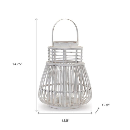 15" White Distressed Woven Manufactured Wood Centerpiece Lantern Candle Holder HomeRoots