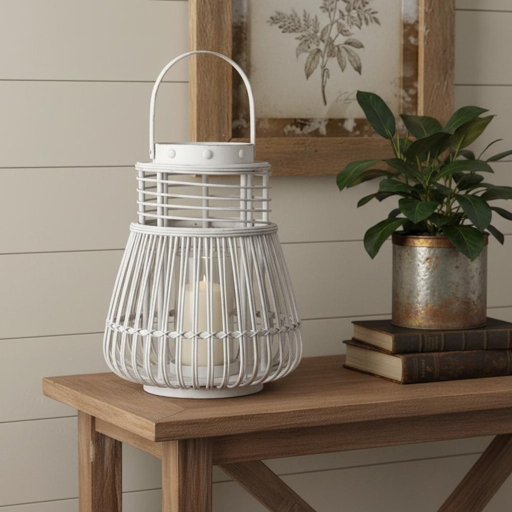 15" White Distressed Woven Manufactured Wood Centerpiece Lantern Candle Holder HomeRoots