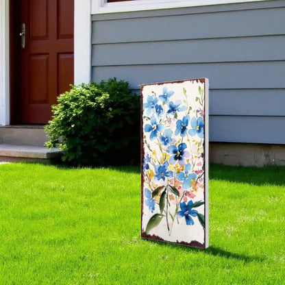 10" Blue And White Solid Wood Wildflowers Garden Stake HomeRoots