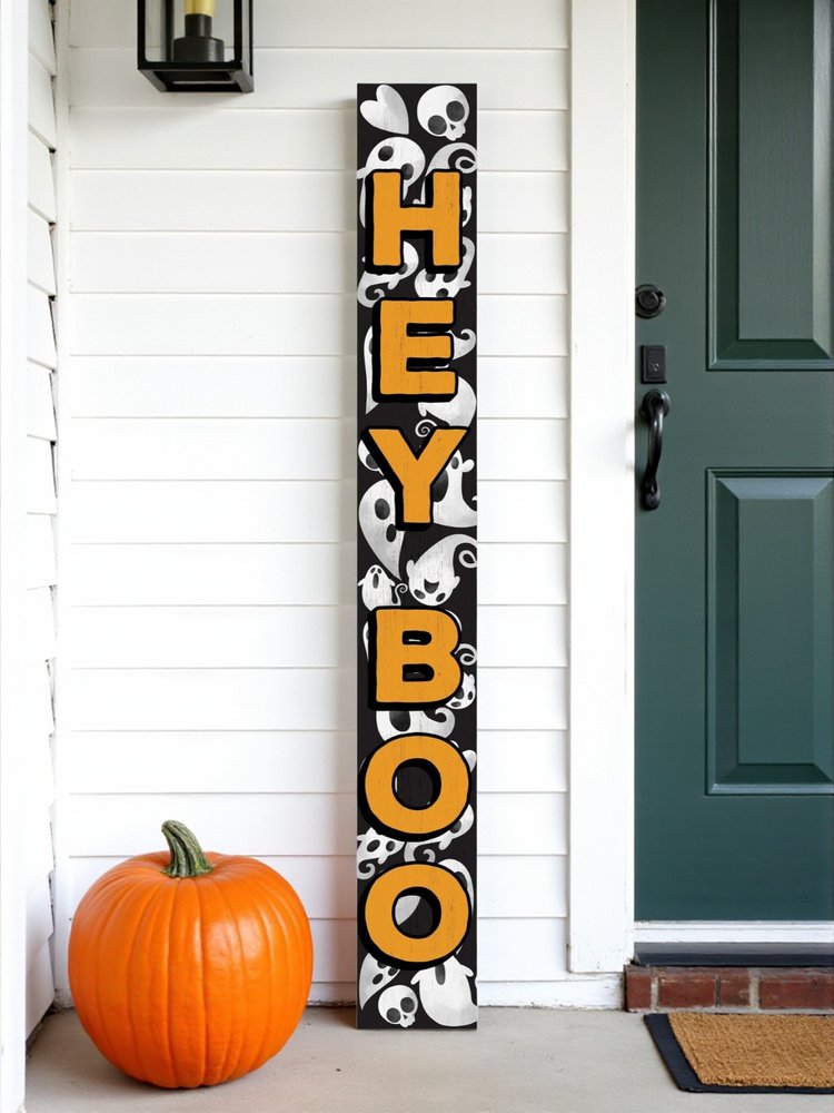 72" Black Orange And White Solid Wood Hey Boo Halloween Ghost Porch Sign HomeRoots