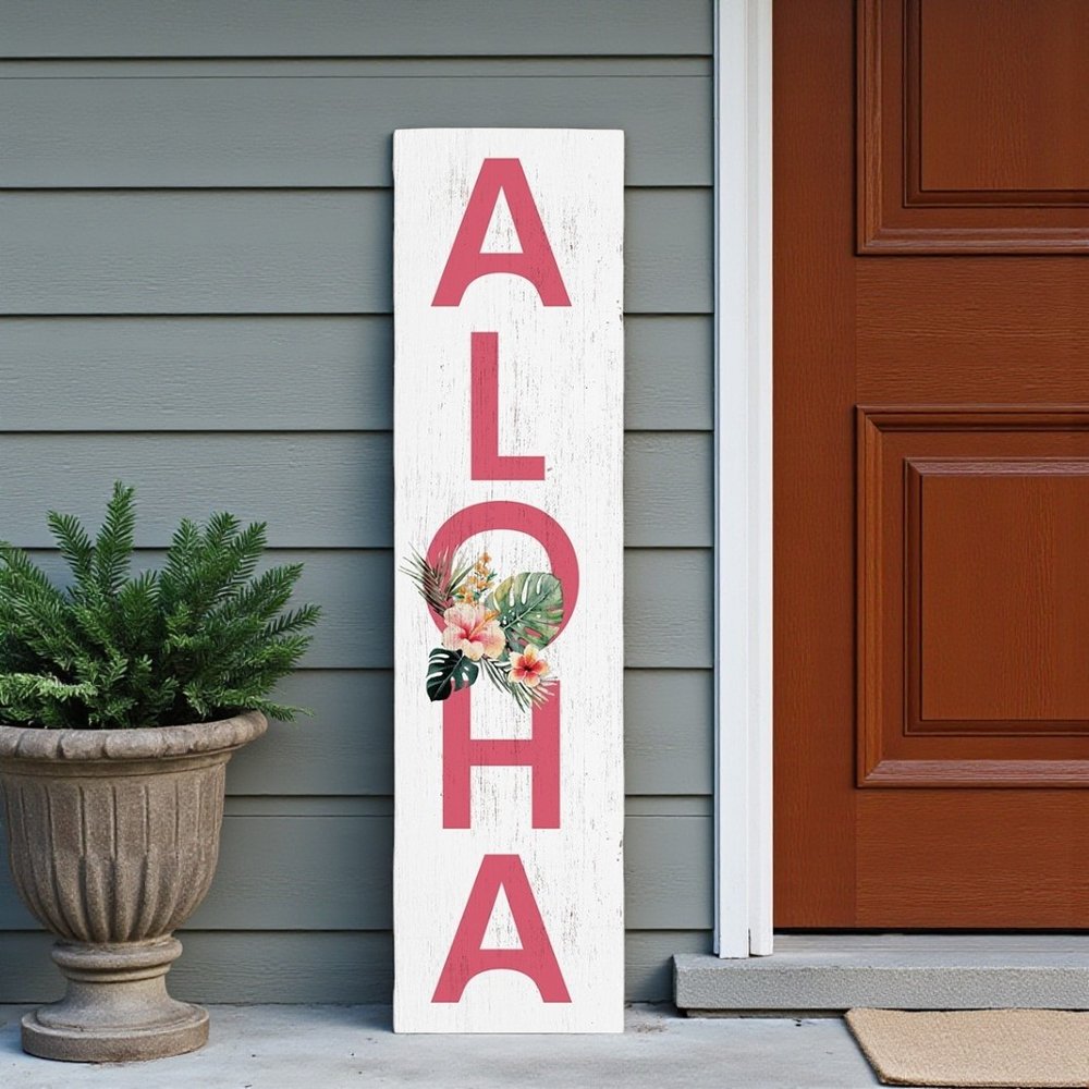 36" White And Pink Solid Wood Tropical Floral Aloha Porch Sign HomeRoots