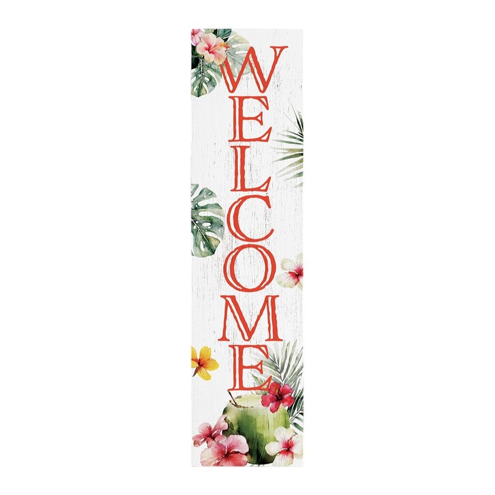 36" Pink And White Solid Wood Tropical Floral Welcome Porch Sign HomeRoots