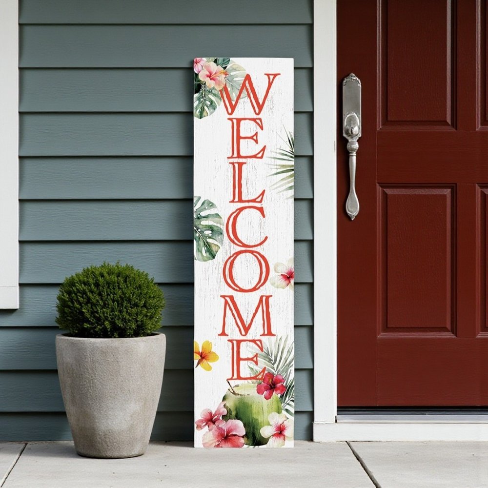 36" Pink And White Solid Wood Tropical Floral Welcome Porch Sign HomeRoots