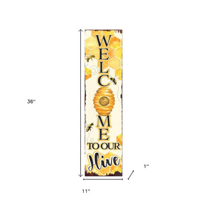 36" Yellow And Black Solid Wood Welcome To Our Hive Porch Sign HomeRoots
