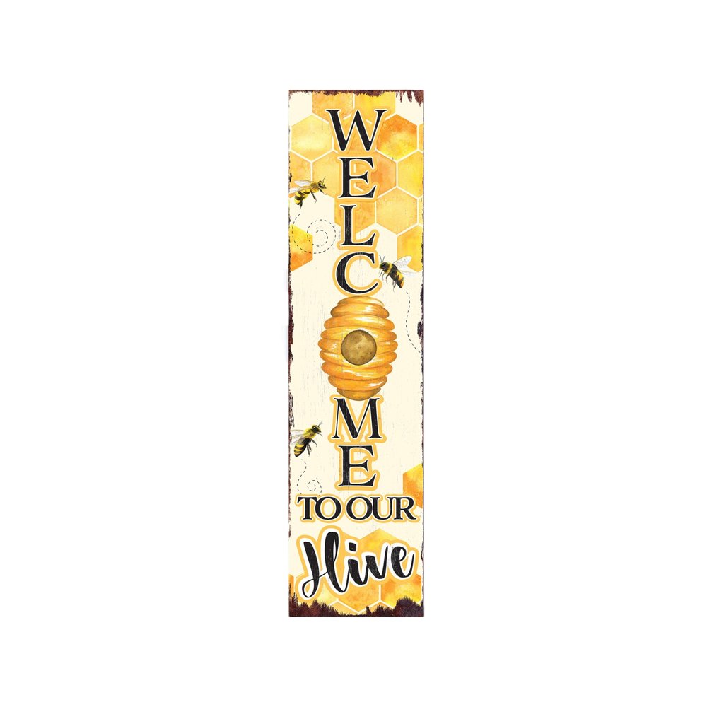 36" Yellow And Black Solid Wood Welcome To Our Hive Porch Sign HomeRoots