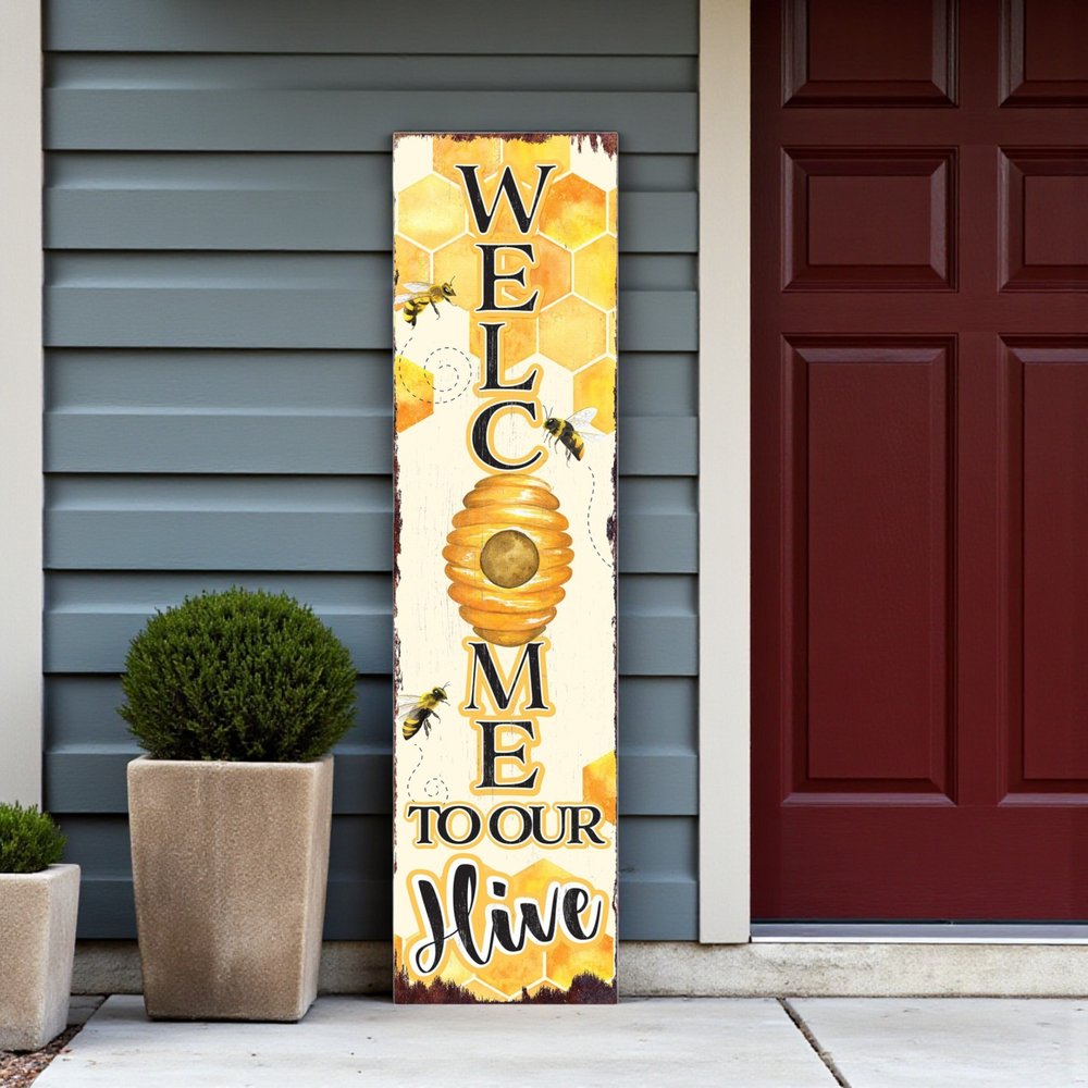 36" Yellow And Black Solid Wood Welcome To Our Hive Porch Sign HomeRoots