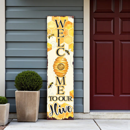36" Yellow And Black Solid Wood Welcome To Our Hive Porch Sign HomeRoots