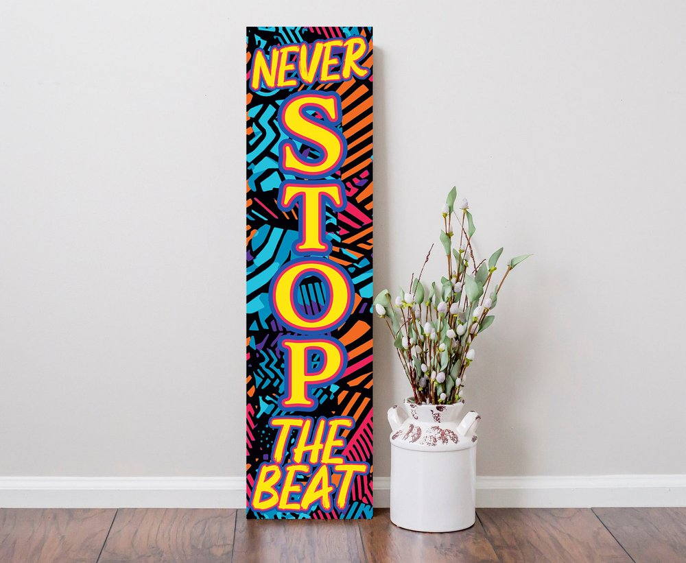 36" Blue Black And Yellow Solid Wood Never Stop The Beat Porch Sign HomeRoots