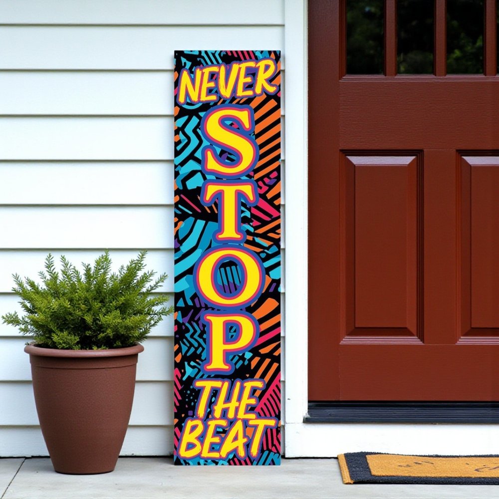 36" Blue Black And Yellow Solid Wood Never Stop The Beat Porch Sign HomeRoots