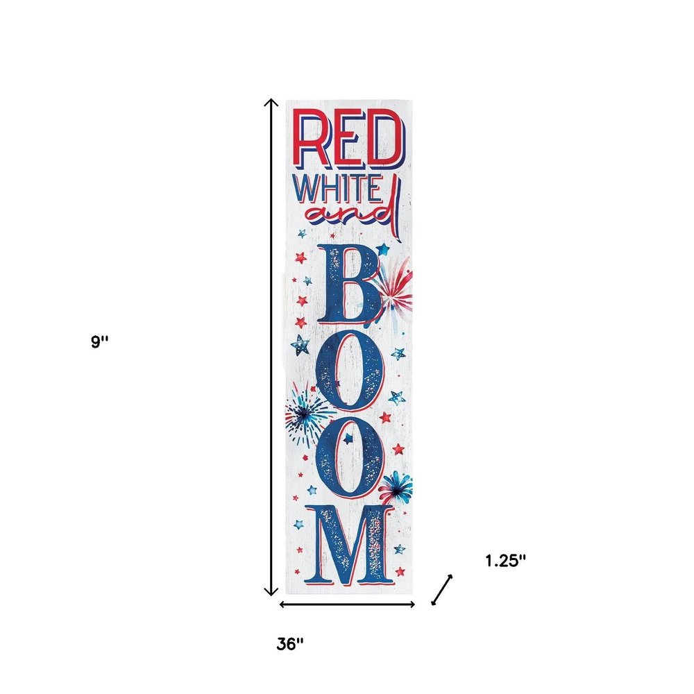 36" Blue Red And White Solid Wood Red White Boom July Fourth Fireworks Porch Sign HomeRoots