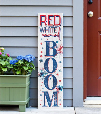 36" Blue Red And White Solid Wood Red White Boom July Fourth Fireworks Porch Sign HomeRoots
