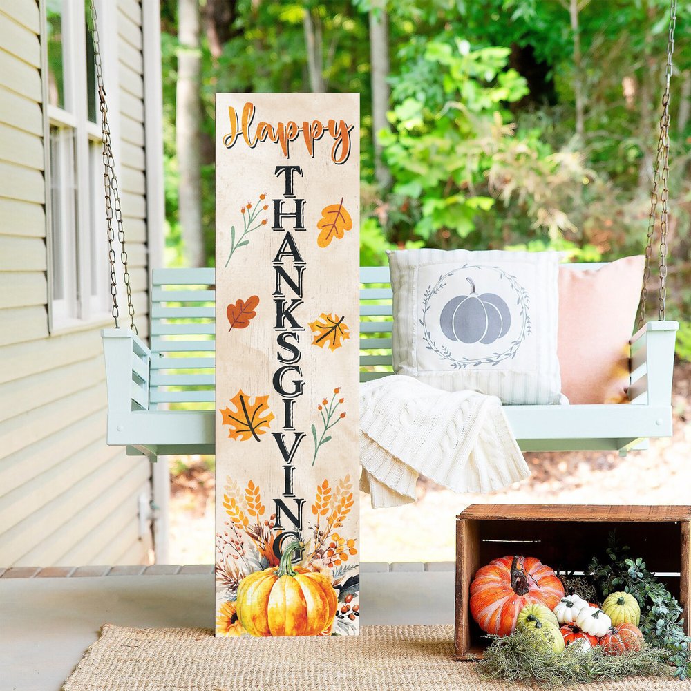 36" White Orange And Black Thanksgiving Pumpkin Solid Wood Porch Sign HomeRoots