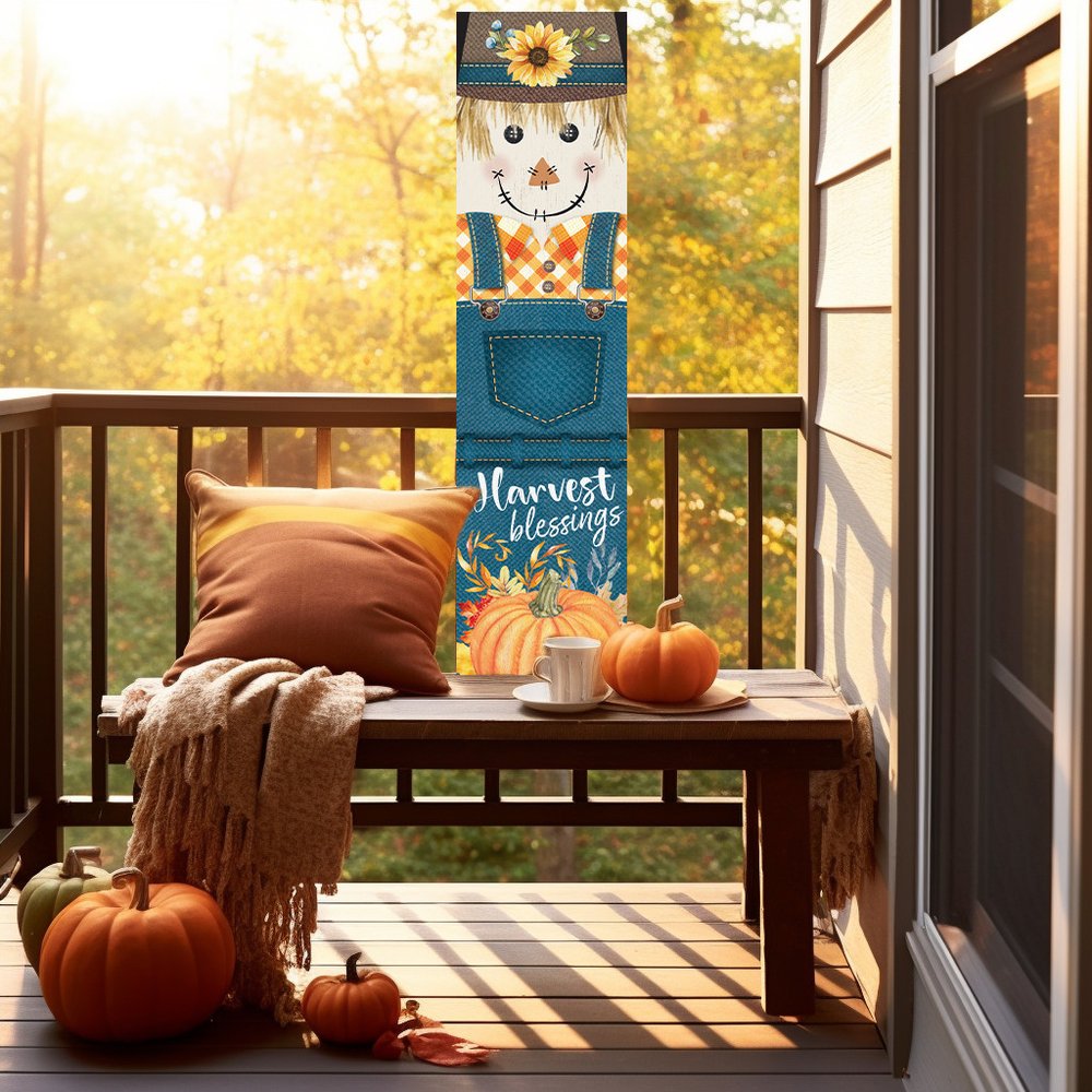 36" Blue And Orange Solid Wood Happy Harvest Scarecrow Porch Sign HomeRoots