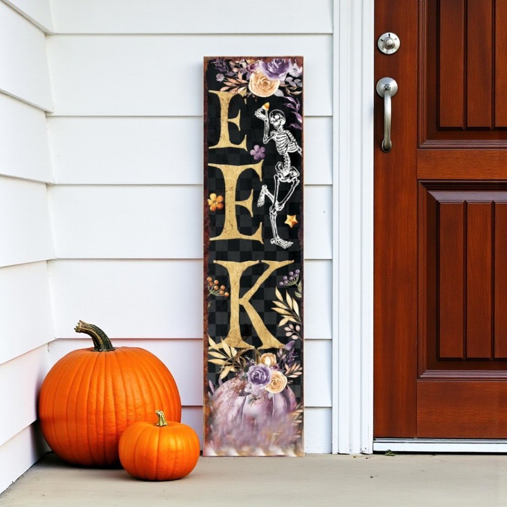 36" Black Gold And Purple Solid Wood Eek Halloween Skeleton Porch Sign HomeRoots